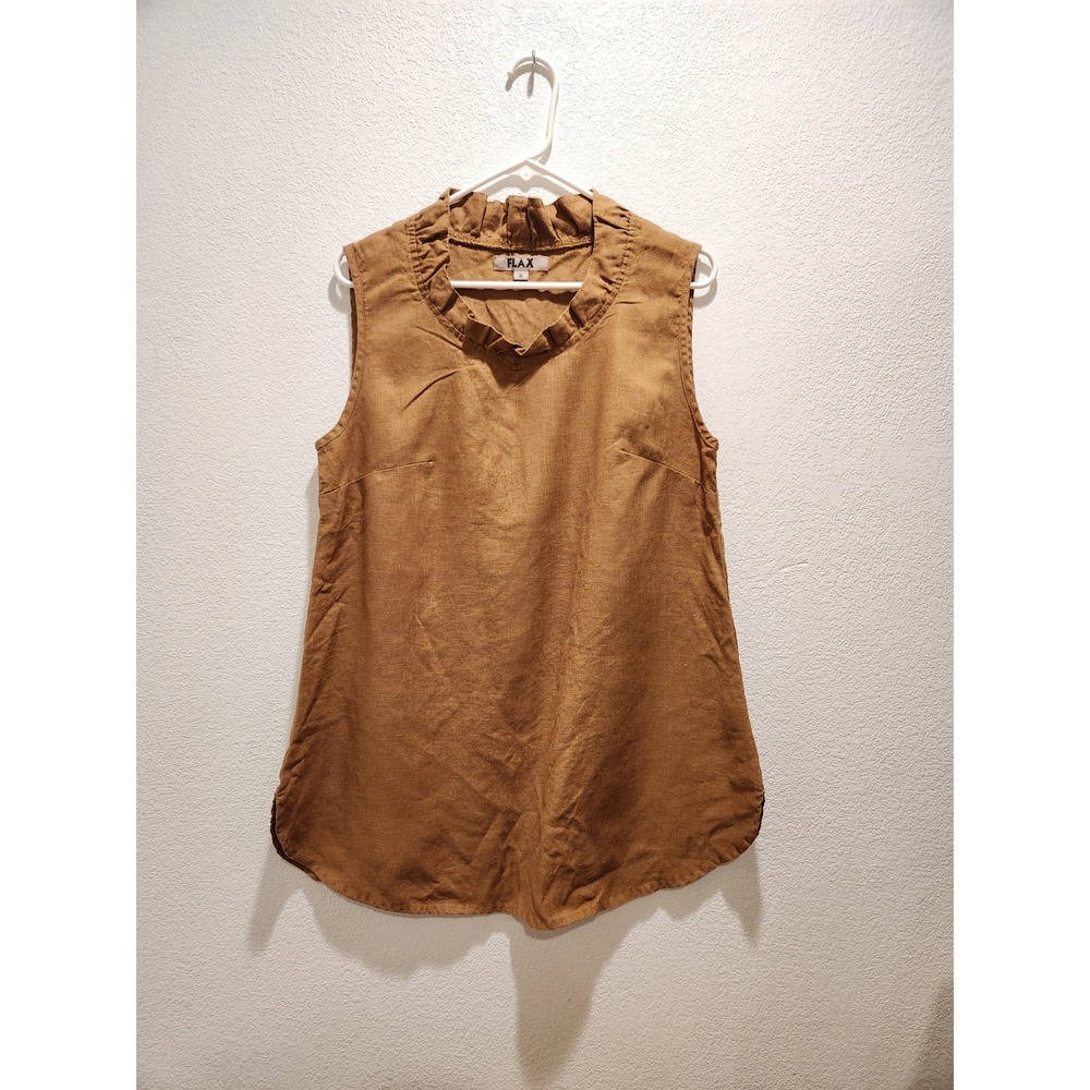 NWOT FLAX 100% Linen Sleeveless‎ Tunic Ruffle Neck Brown Size S Made Lithuania